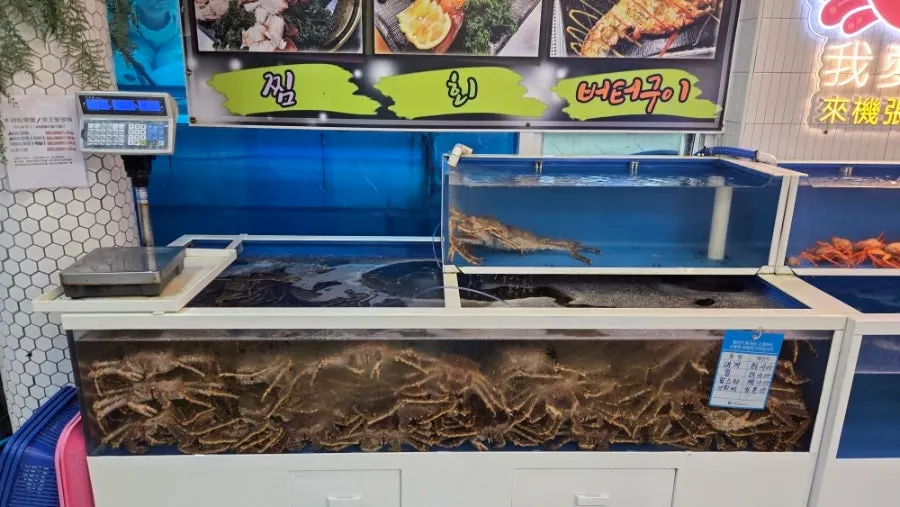 Long crab tank at the store entrance