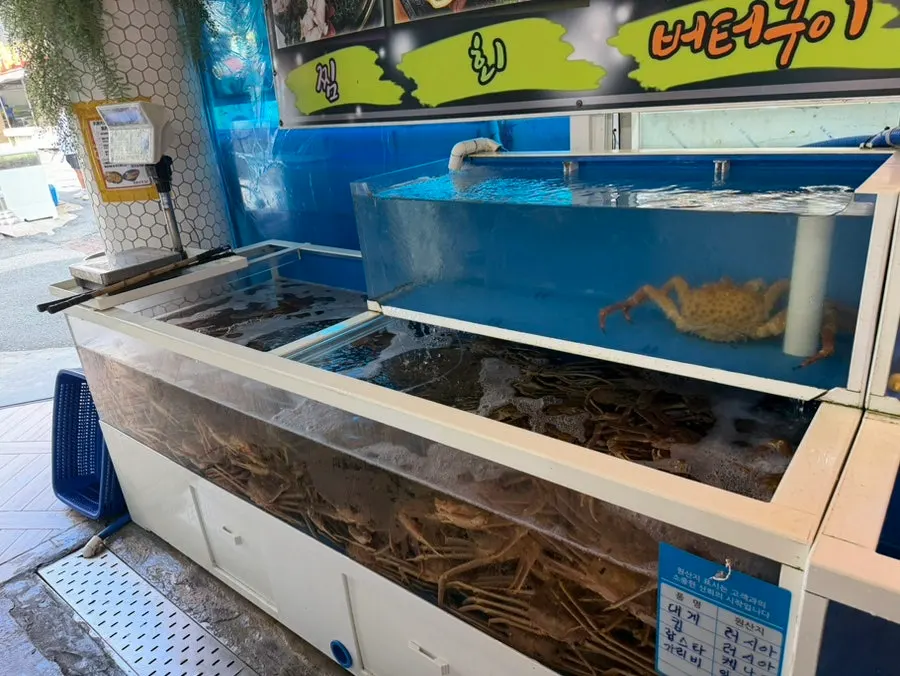 Snow crab tank on display outside the restaurant
