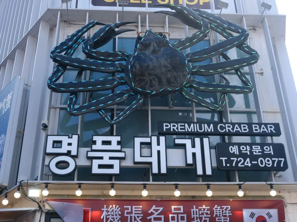 Large crab sculpture hanging at the entrance