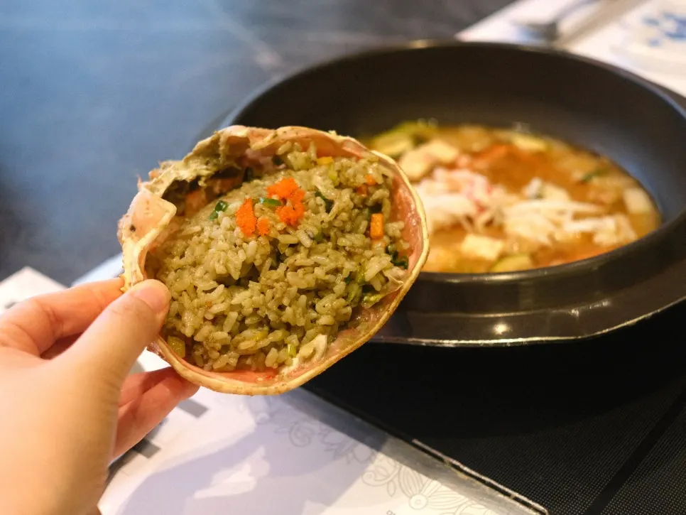 Finishing spread of crab fried rice and doenjang stew