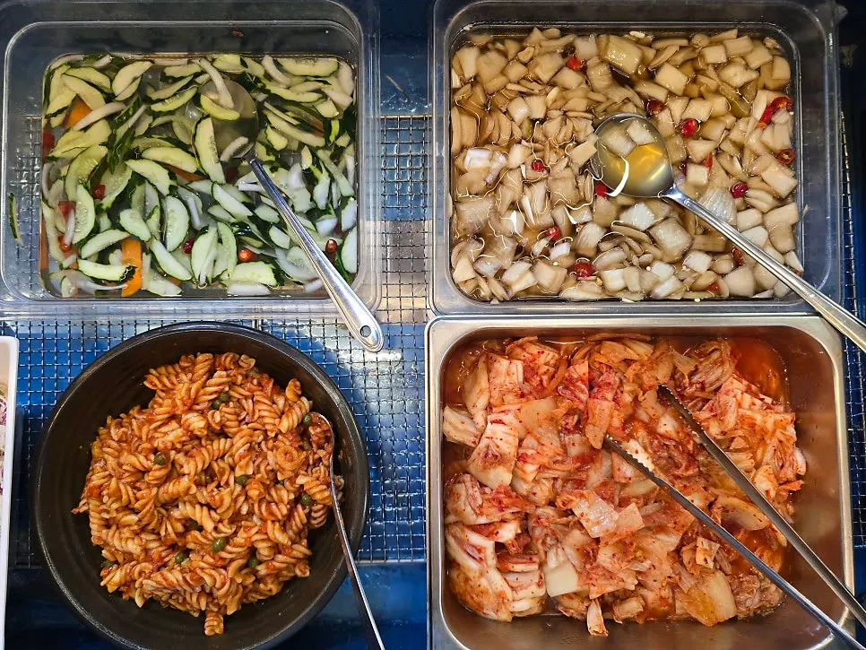All-you-can-eat self-serve side dish bar near the kitchen