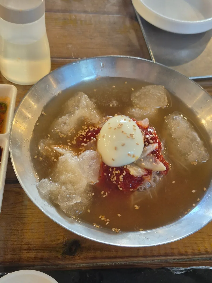 A bowl of mul-naengmyeon served alongside the meat