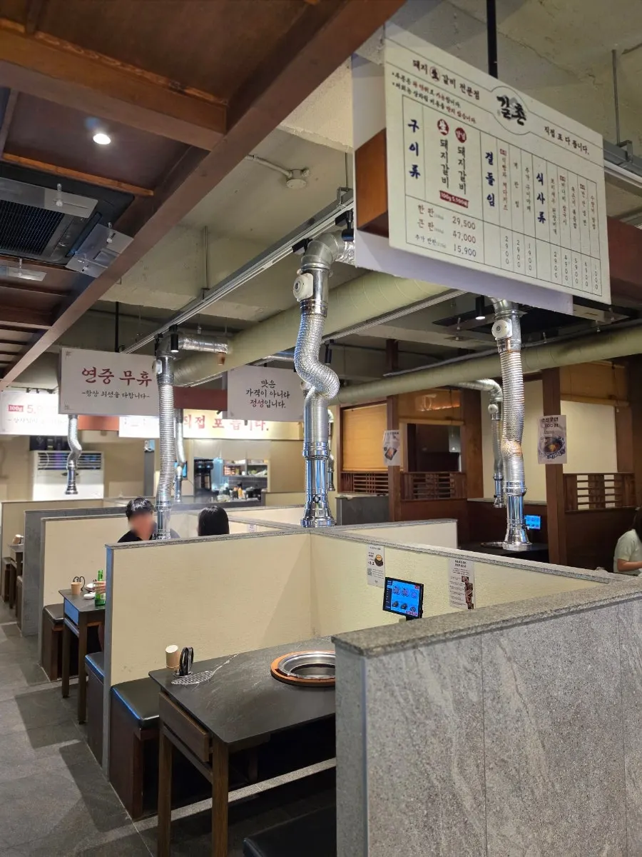 Aprons hanging by the walkway inside the restaurant