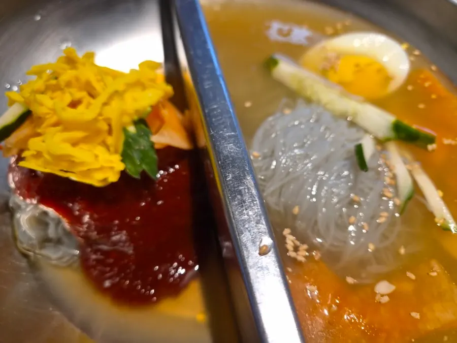 비빔과 물냉면이 반씩 담긴 반반냉면