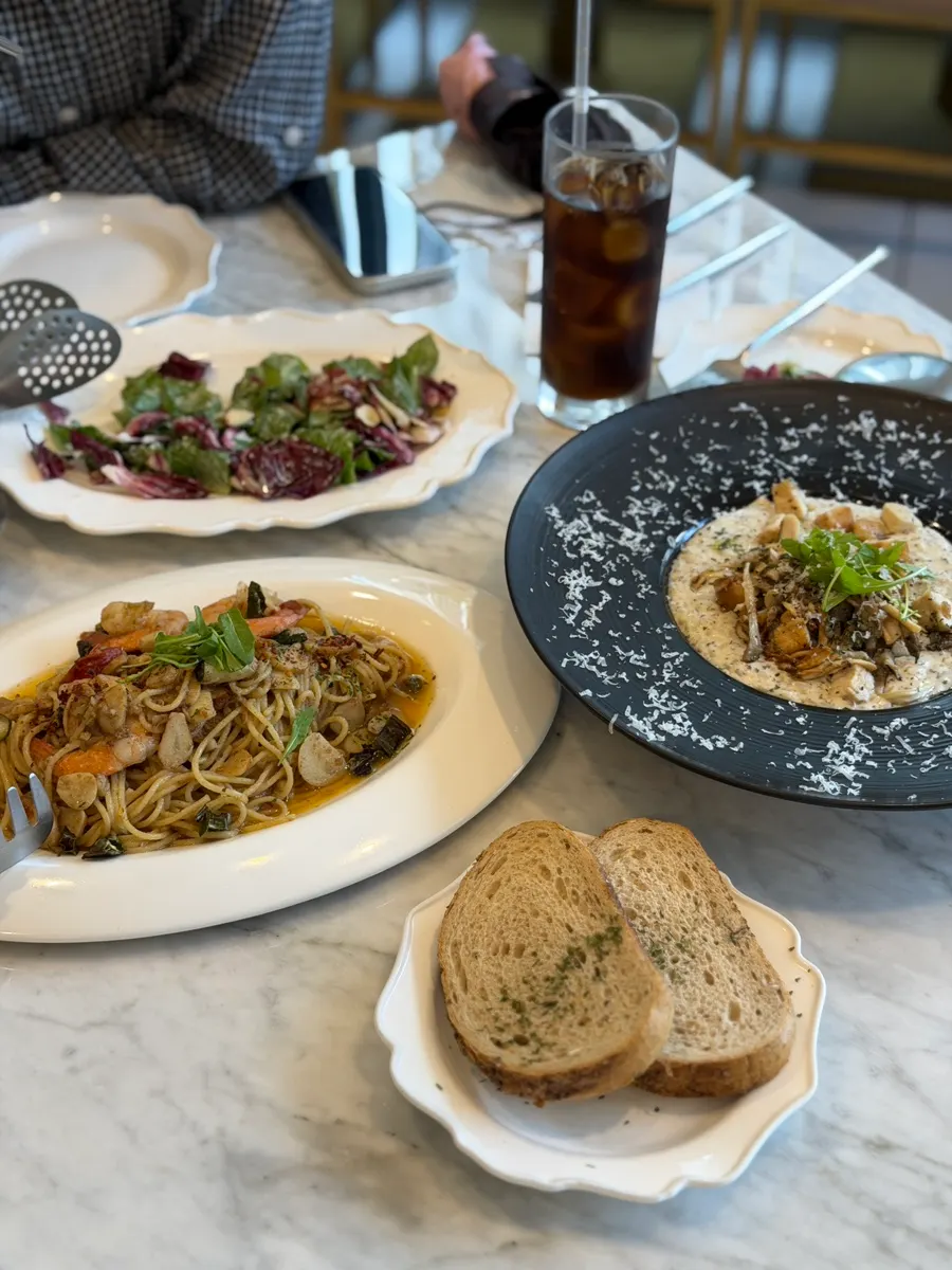 Brunch dishes shared by two people
