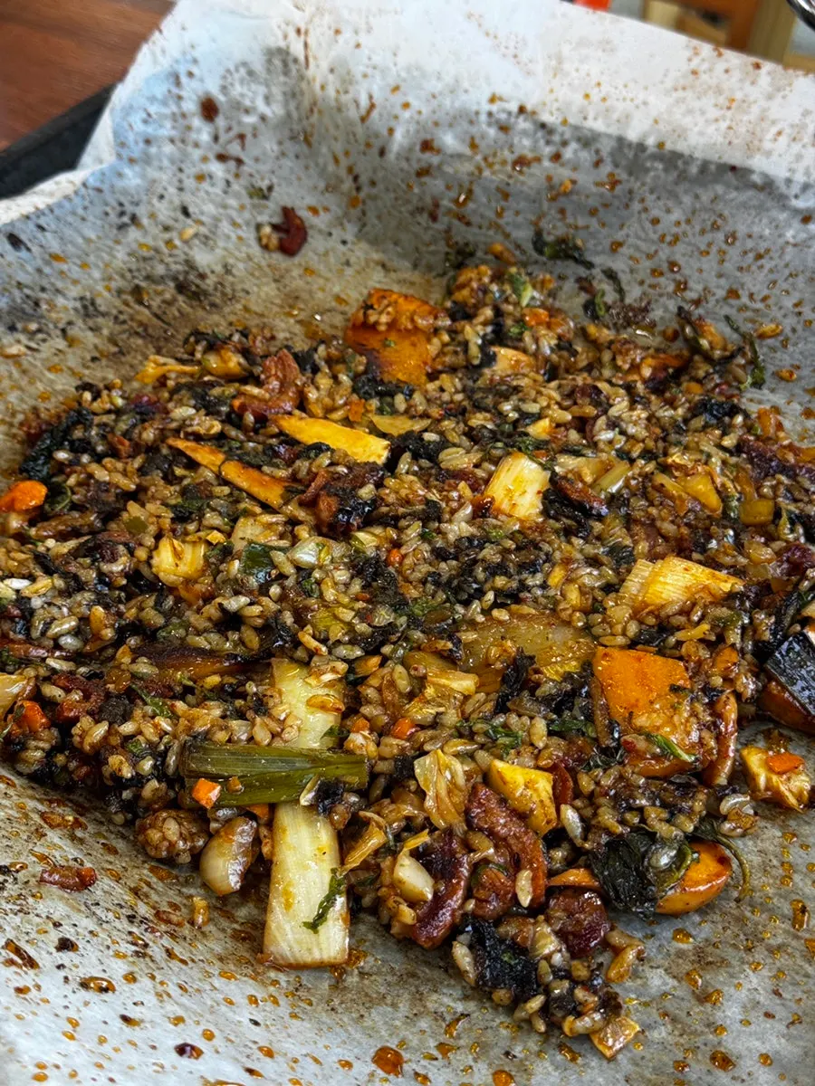 Finished duck fried rice on the hot plate