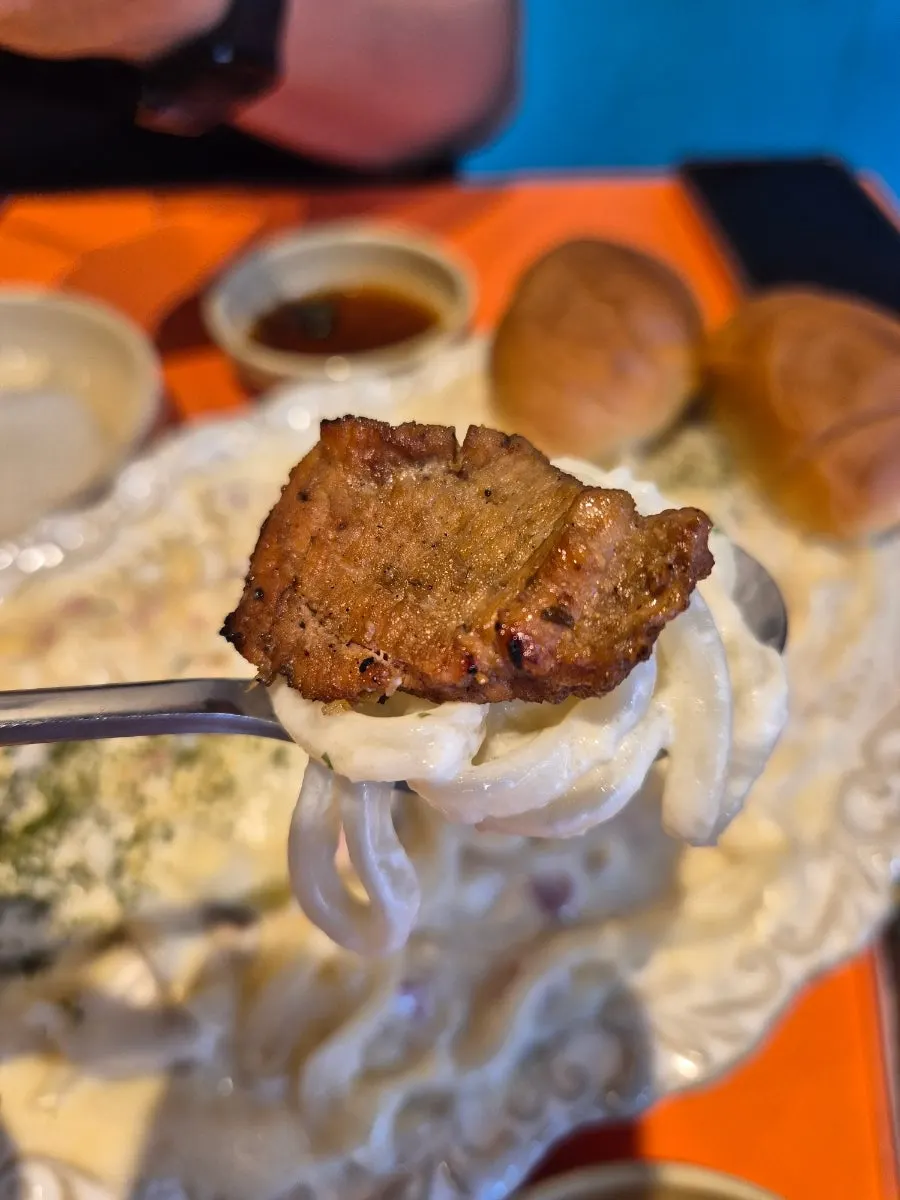 Marinated ribs and cream udon placed side by side on the table