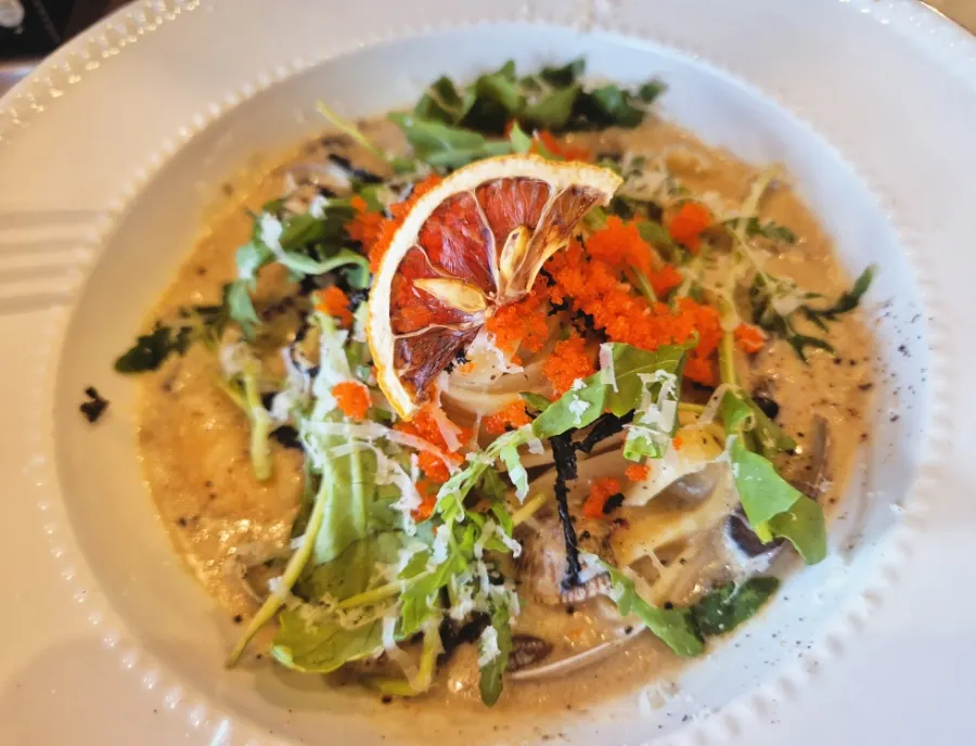 Plated snow crab guts cream pasta