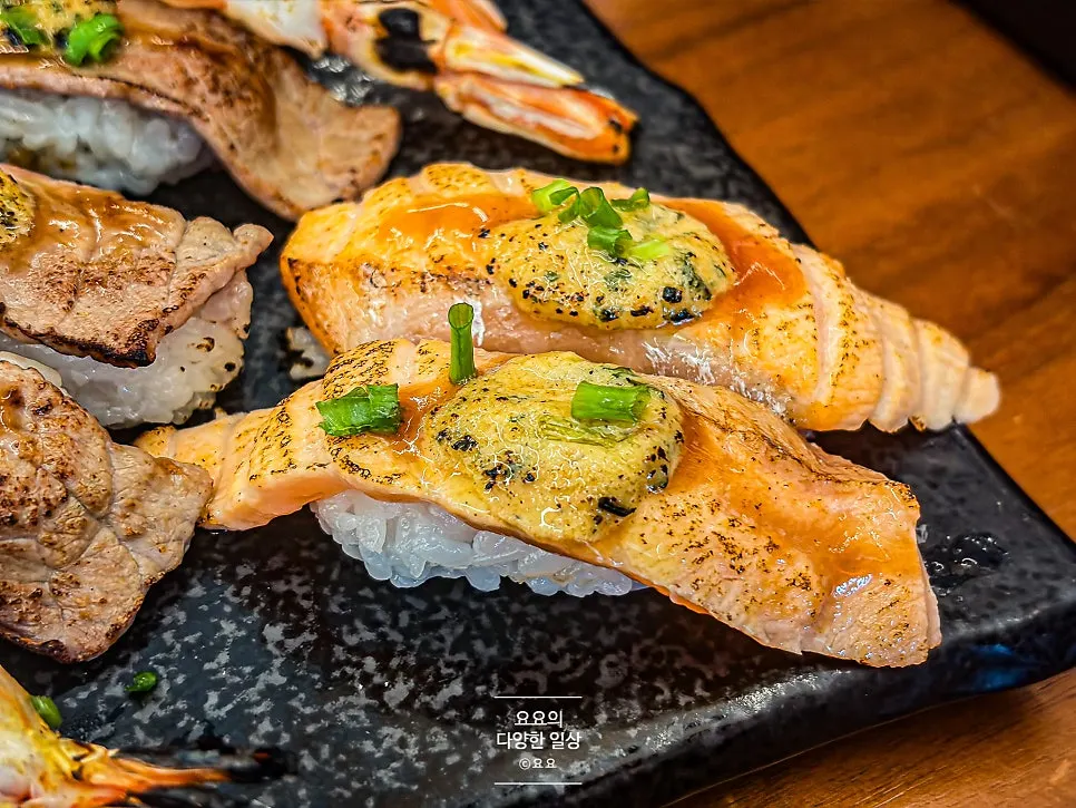 Flame-seared shrimp sushi
