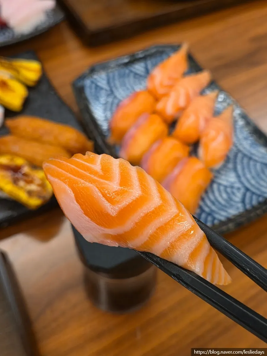 Vertical shot of a plate of raw salmon sushi