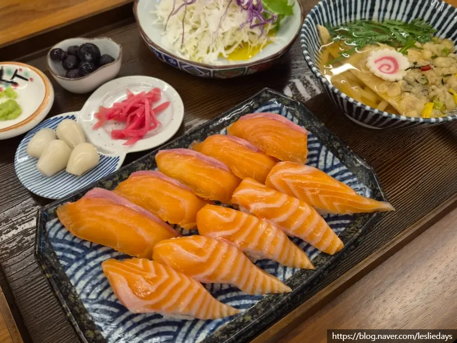Close-up of raw salmon sushi