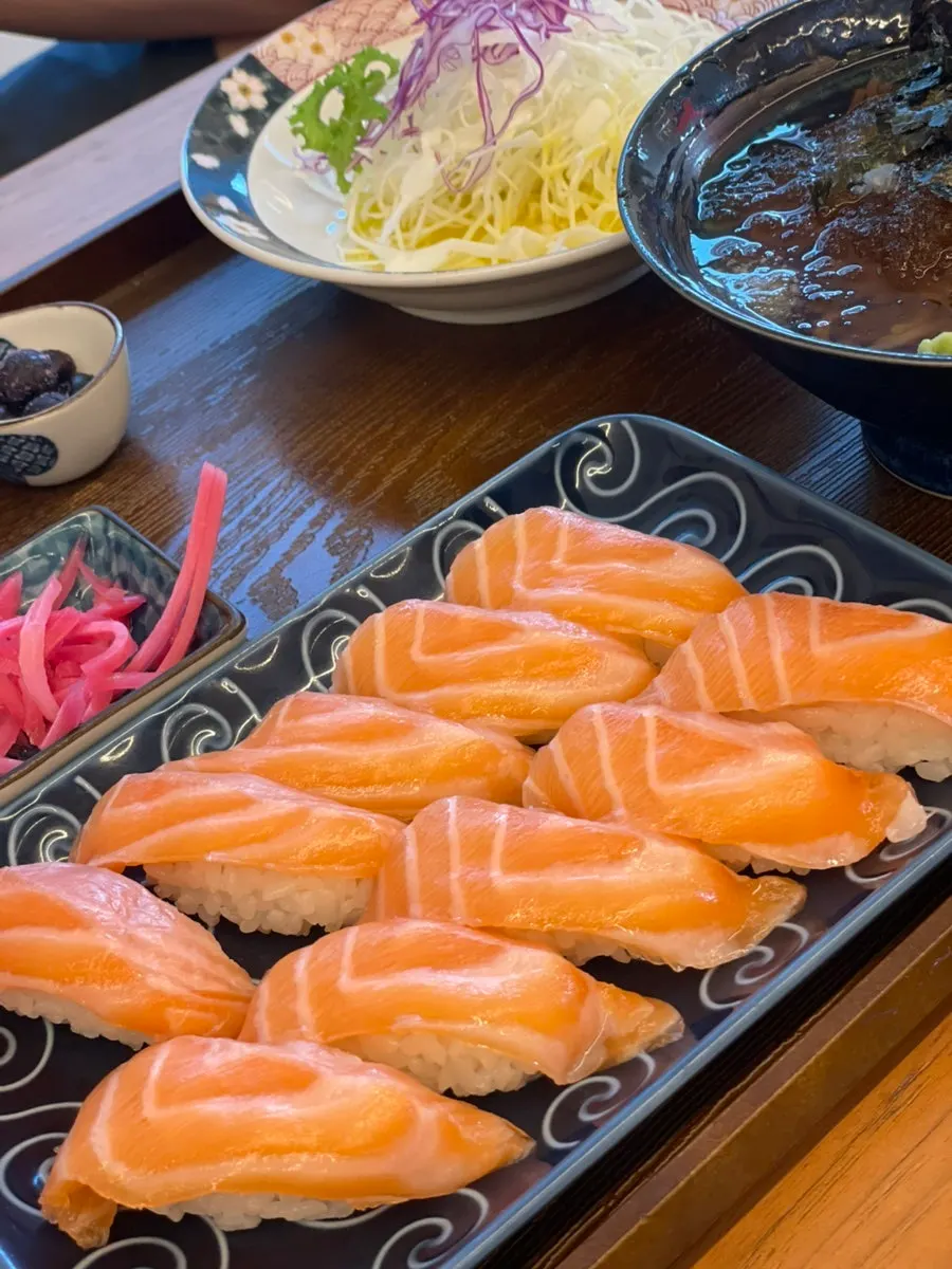 Close-up of salmon belly sushi