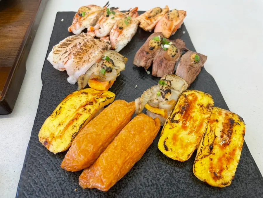 Close-up of charred flame-seared sushi
