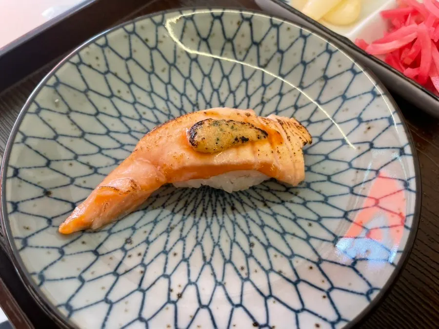 Close-up of the flame-seared sushi set platter