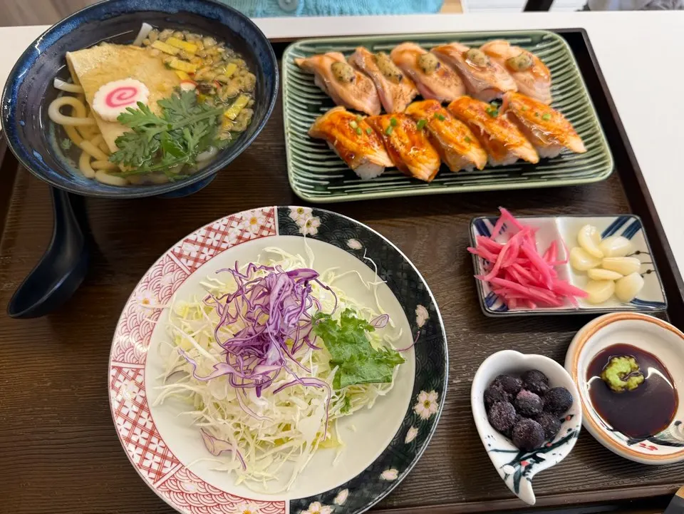Sushi Hwa's flame-seared sushi set with a smoky char