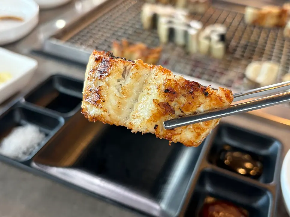Close-up of eel grilled crispy outside, tender inside