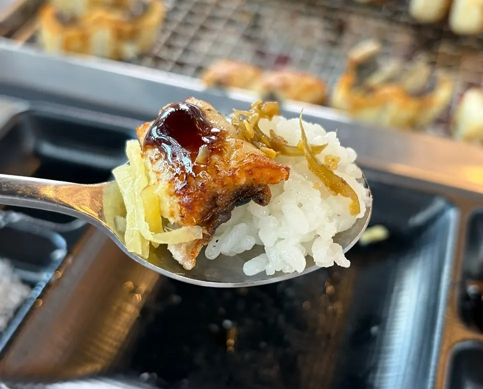 Eel topped with teriyaki sauce and ginger strips