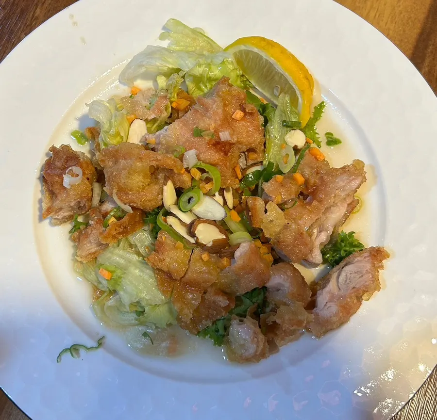 Yurinki with tangy sauce and salad