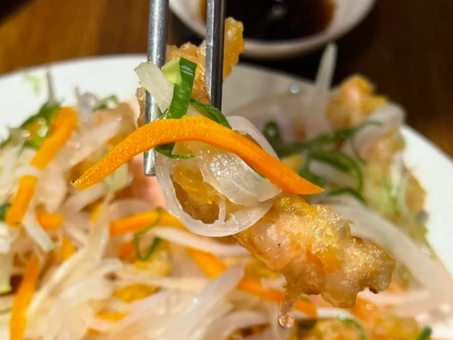 A piece of tangsuyuk with onion, green onion, and carrot toppings