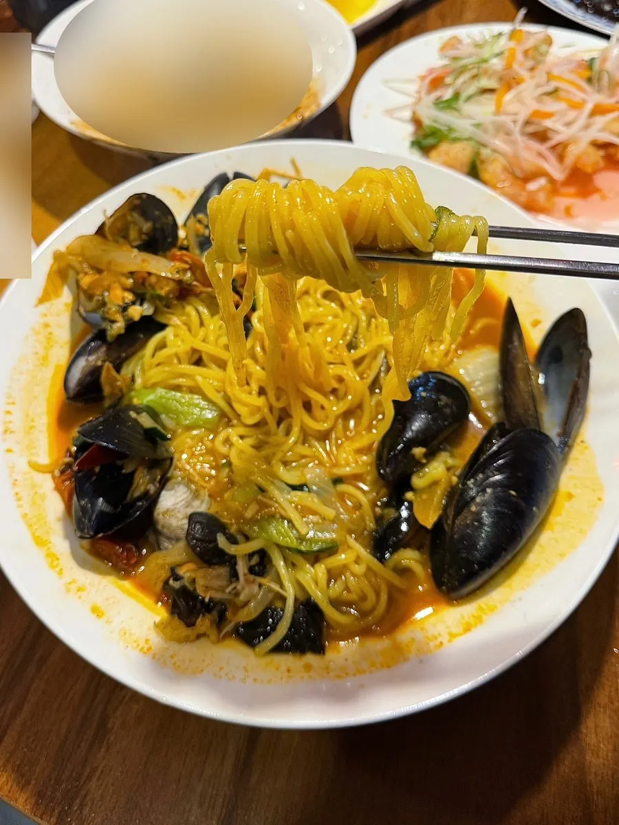 Close-up of seafood ingredients in the jjamppong