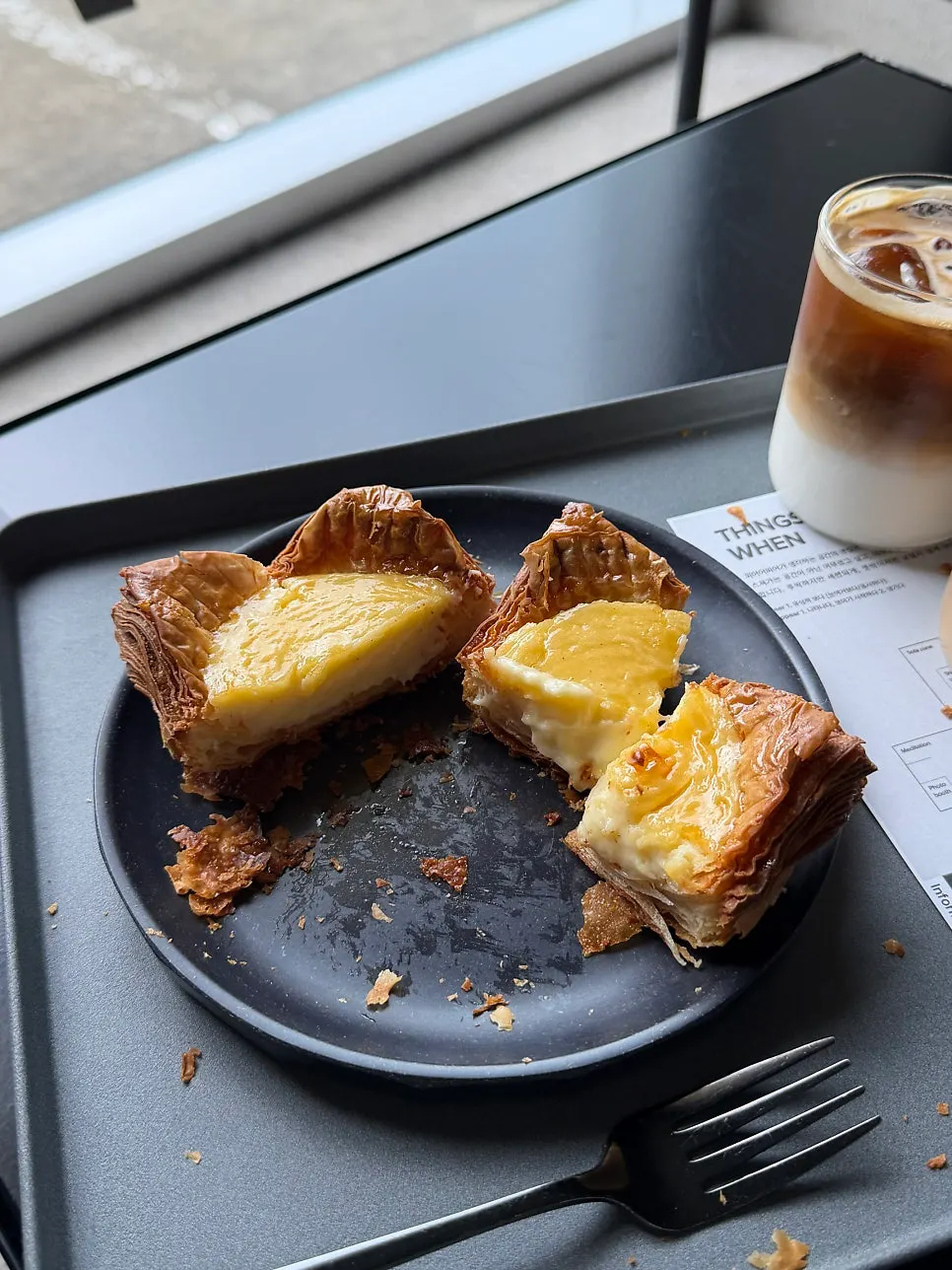 Giant egg tart with cream latte and caffe latte
