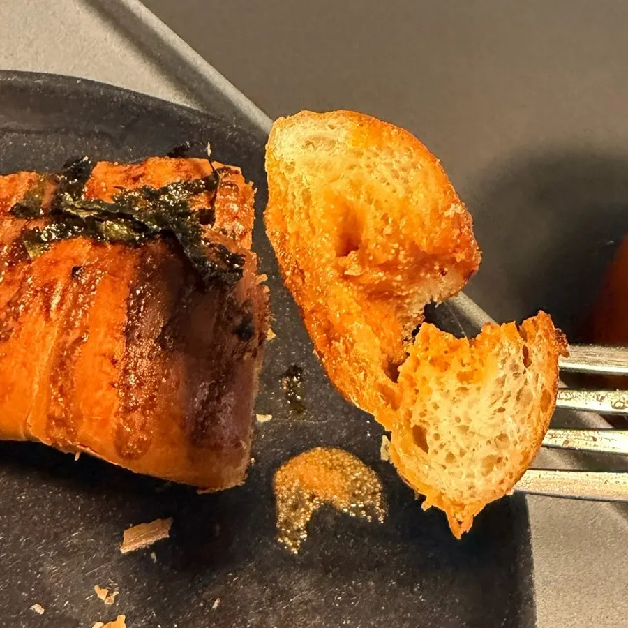Inside view of the salt bread with mentaiko filling