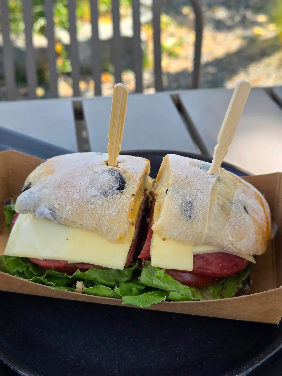 Cross-section of the ciabatta sandwich with olives