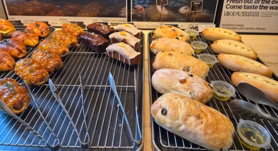 Full view of the bakery display at Peer a Peer