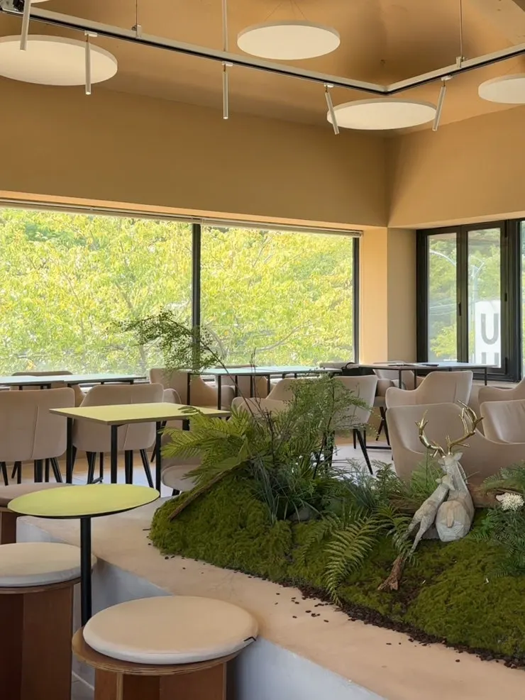 Café interior with floor-to-ceiling windows and a mountain view