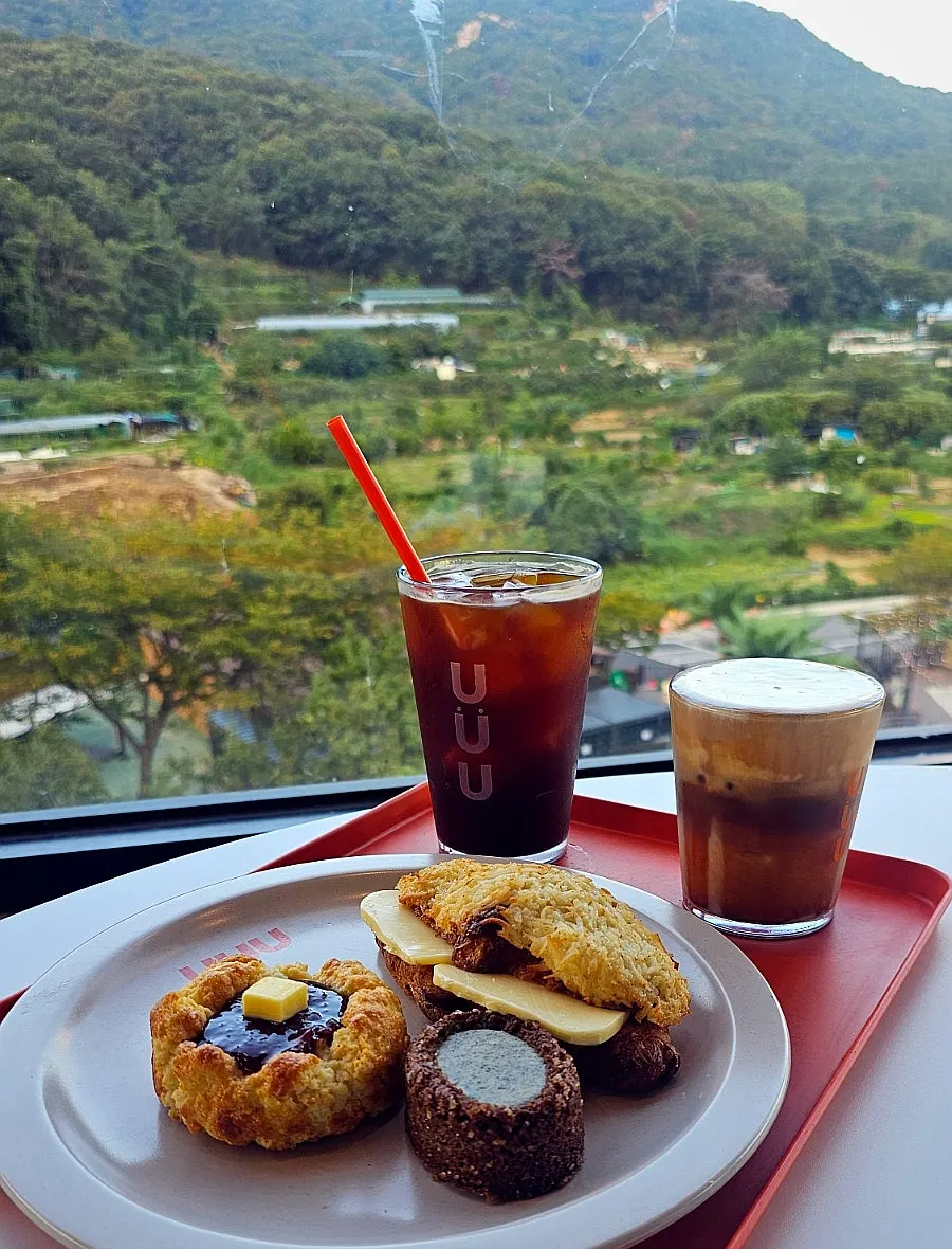 Café table with bread and coffee together