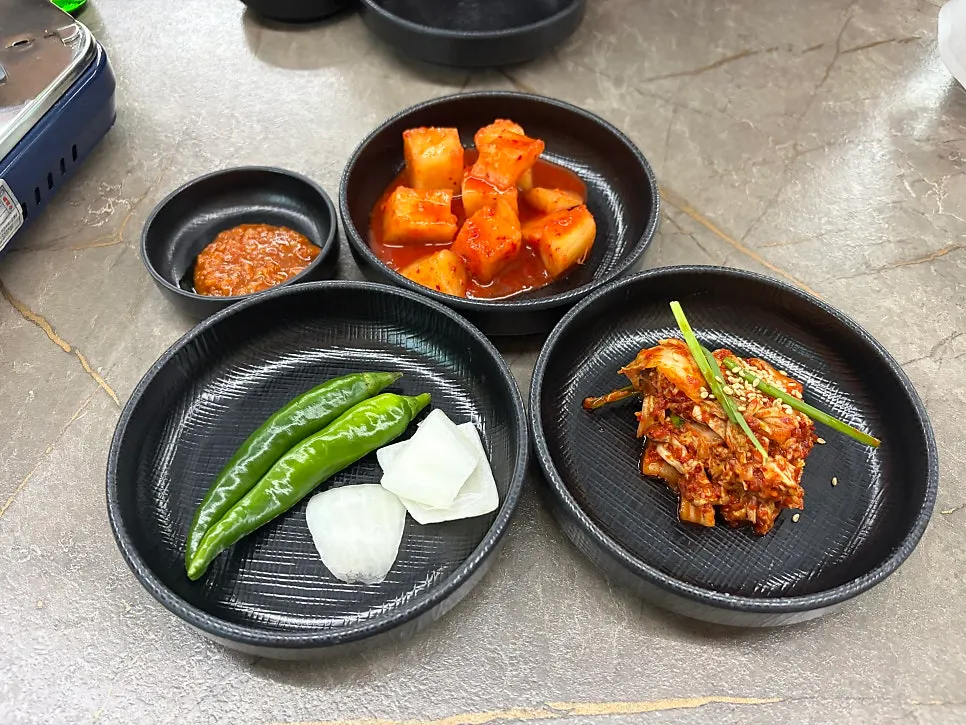 겉절이김치 깍두기 고추 양파 밑반찬 상차림