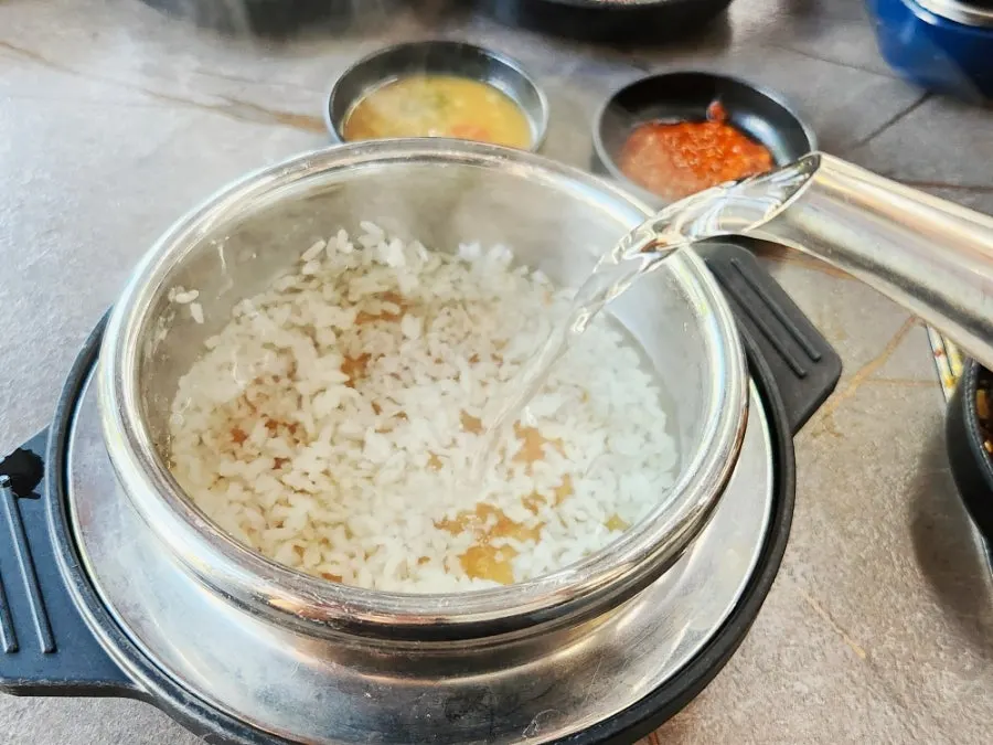 Pot rice prepared for scorched-rice tea