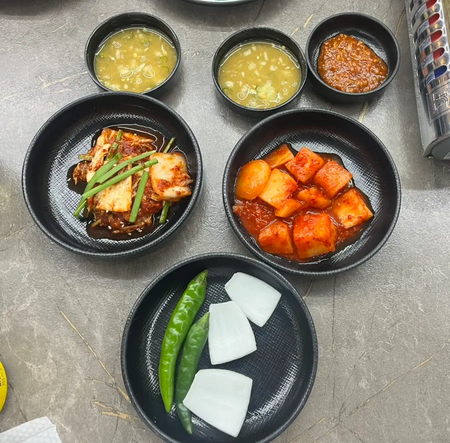Basic spread of garlic sauce, ssamjang, kimchi, kkakdugi, onion and chili peppers