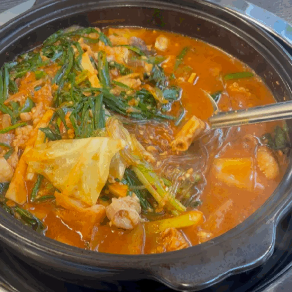 Spicy gopchang jeongol for two served bubbling
