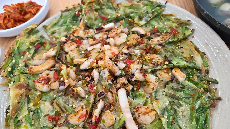 Seafood pancake loaded with squid, octopus, and shrimp