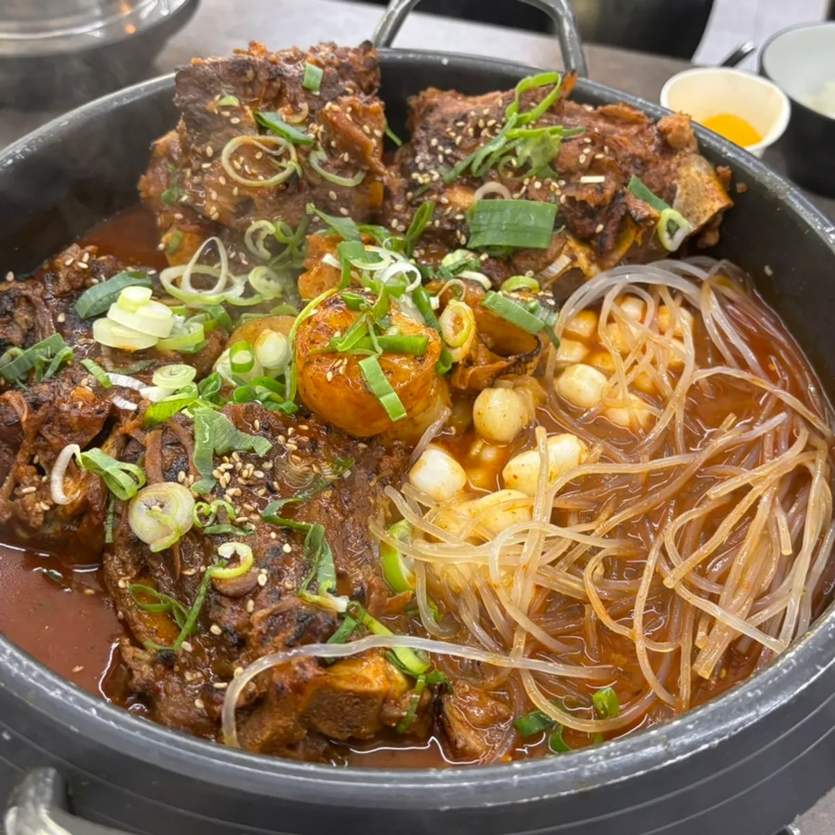 Glass noodles and garaetteok taken from the self-serve bar