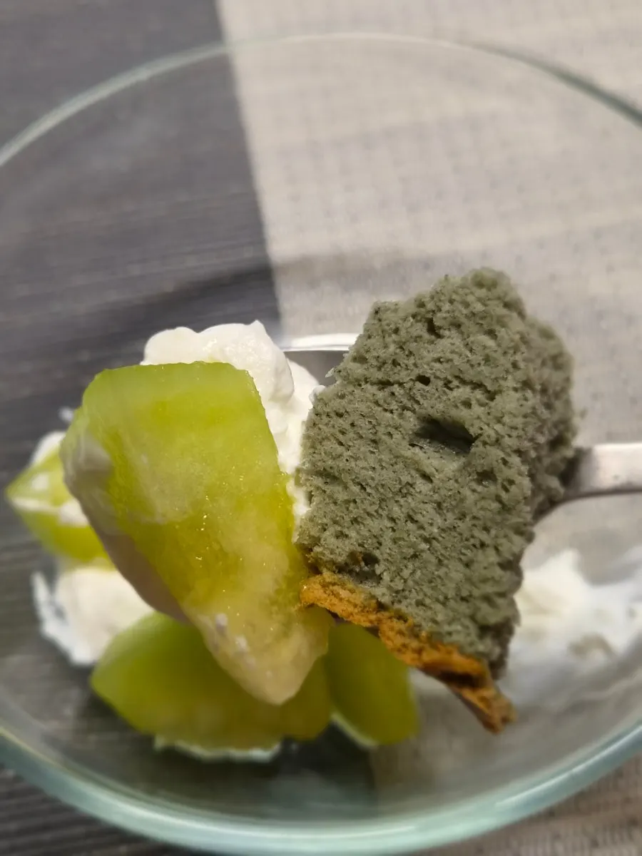 Mugwort castella served alongside Greek yogurt