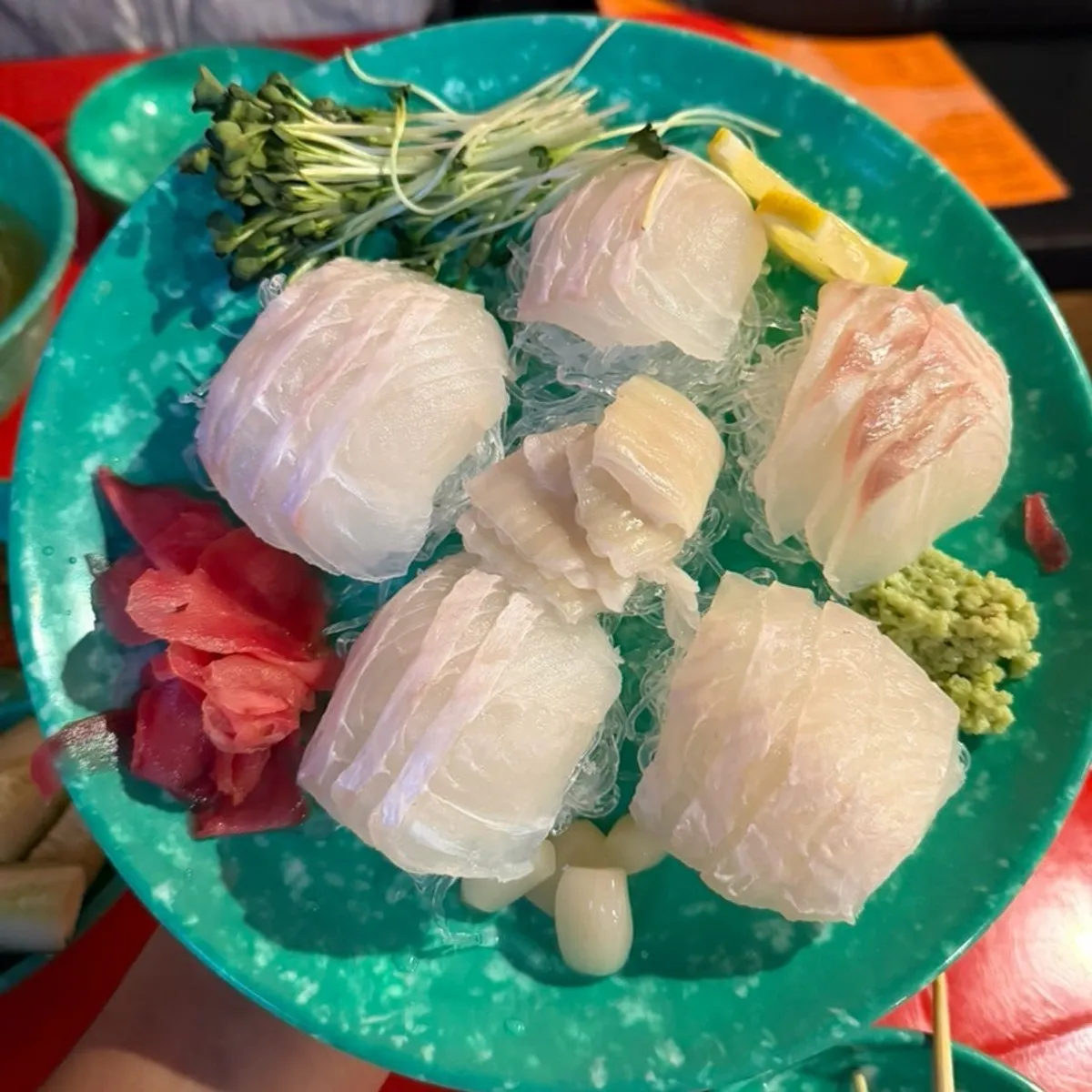 A plate of giant flounder sashimi at Cheonmakjip Janggi Branch