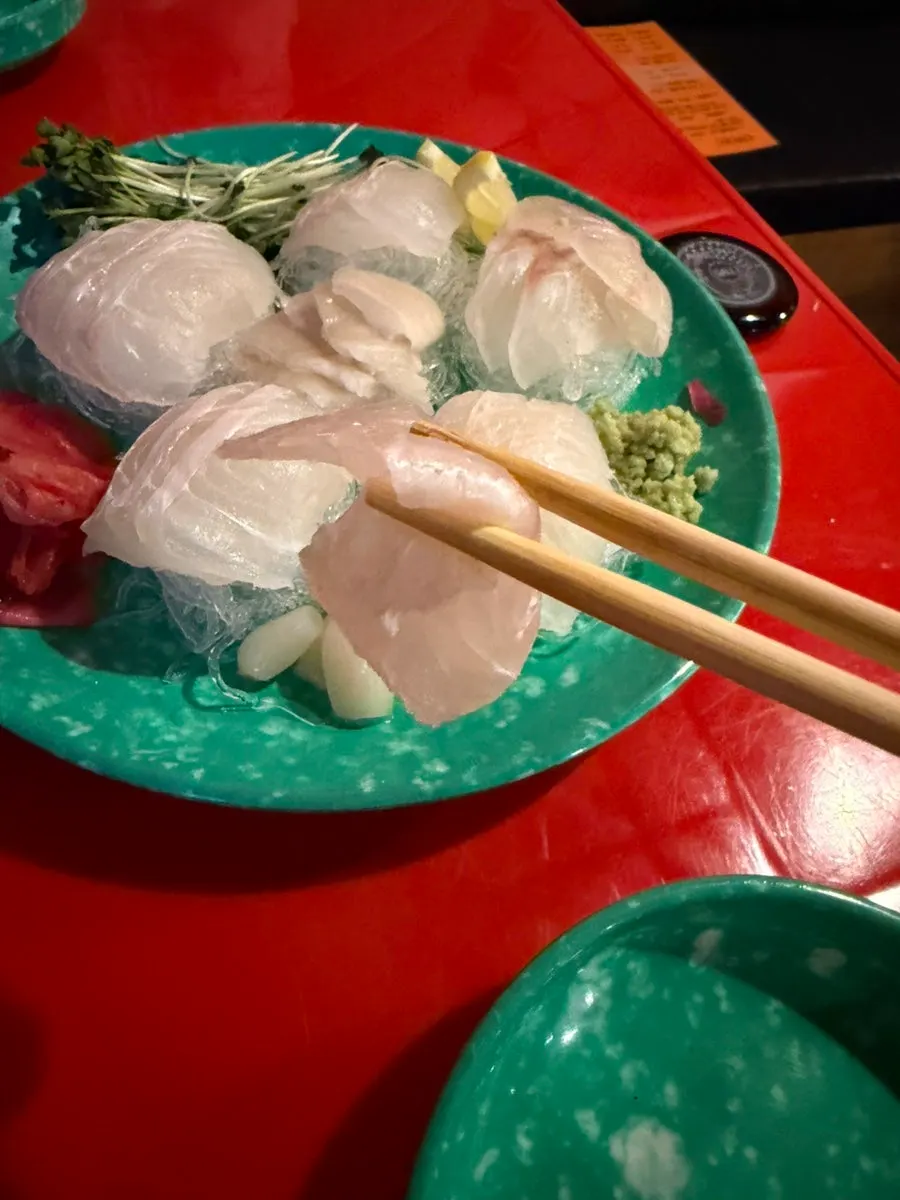 Close-up of another cut of giant flounder sashimi