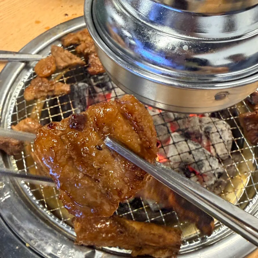 Ribs cut into bite-sized pieces covering the grill