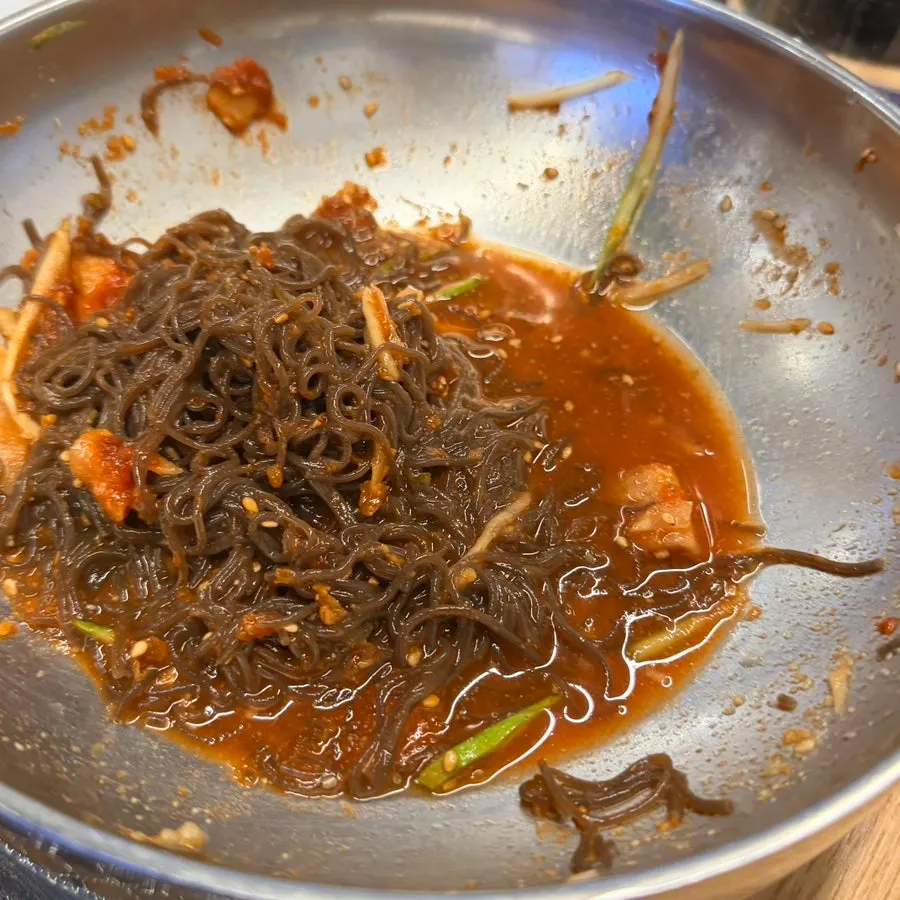 Bowl of water naengmyeon, mostly eaten