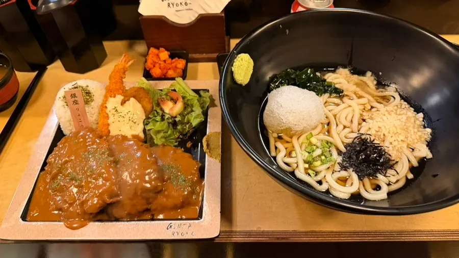 Full spread of the demi-glace pork cutlet set and bukkake cold udon
