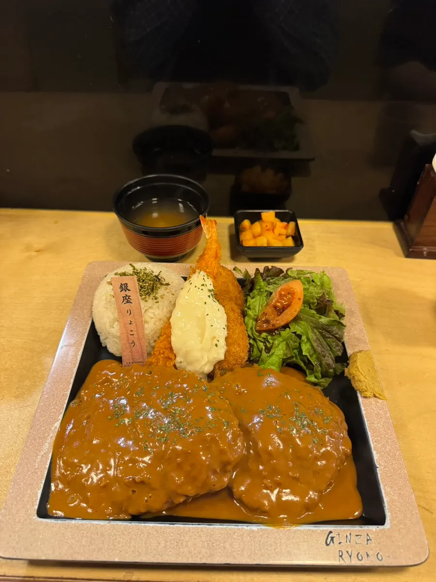 Table setup with demiglace donkatsu set and sake-don