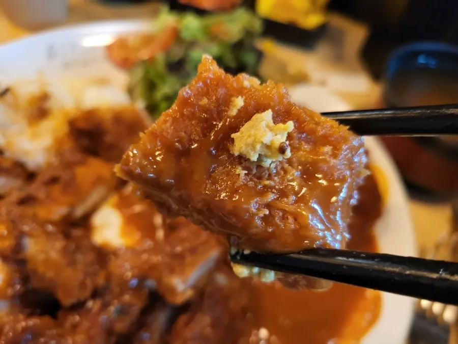A piece of pork cutlet with crispy breading
