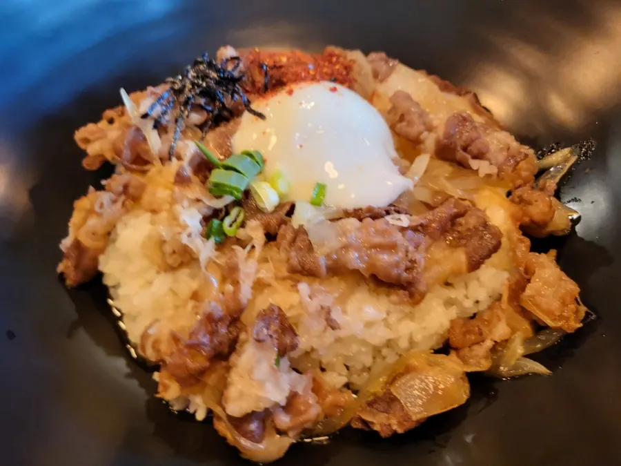 Gin Jaryoko's gyudon with soft-boiled egg and beef