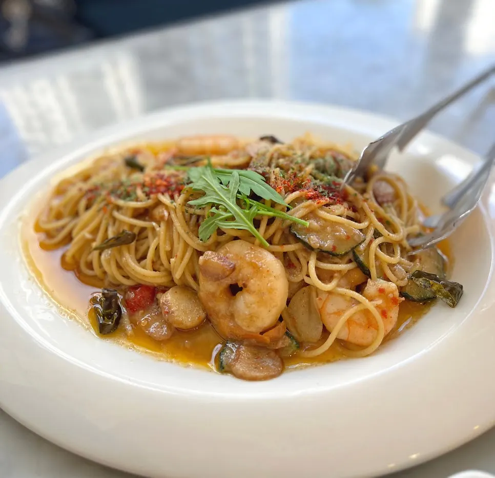 A plate of cheongyang anchovy oil pasta