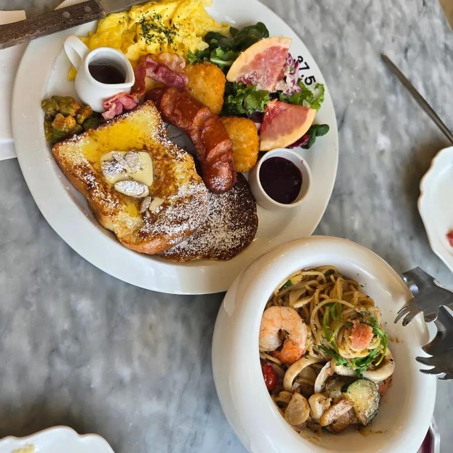 Table set with both brunch and pasta