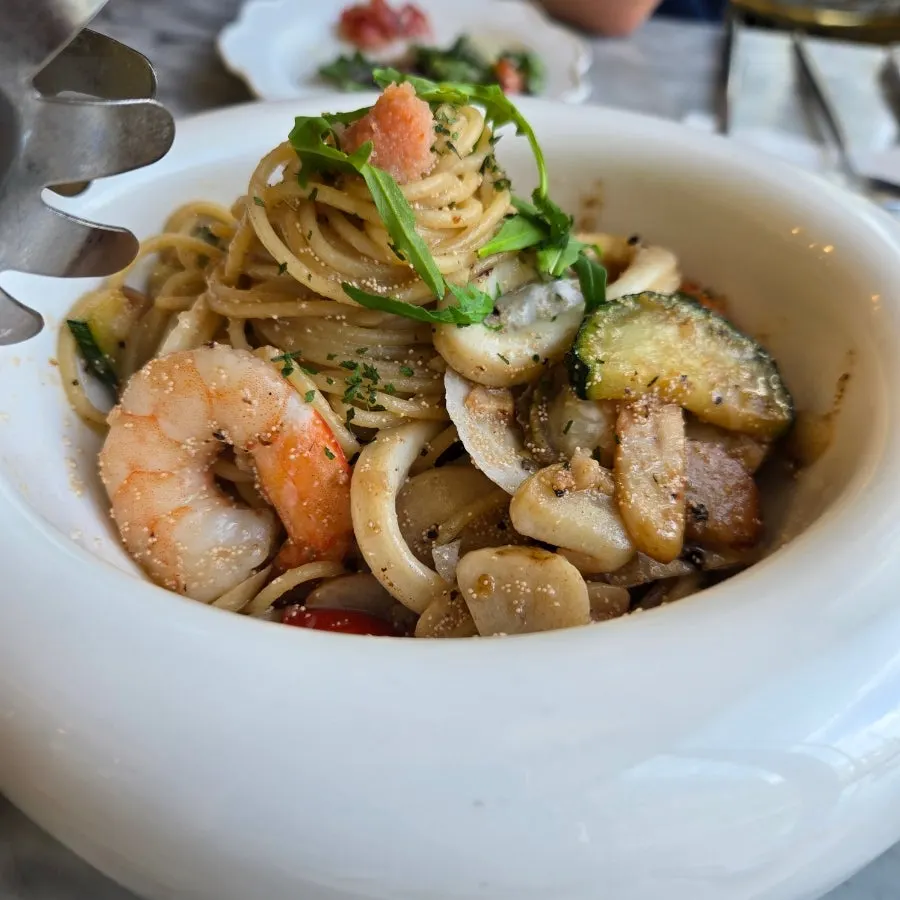A plate of the signature myeongnan oil pasta