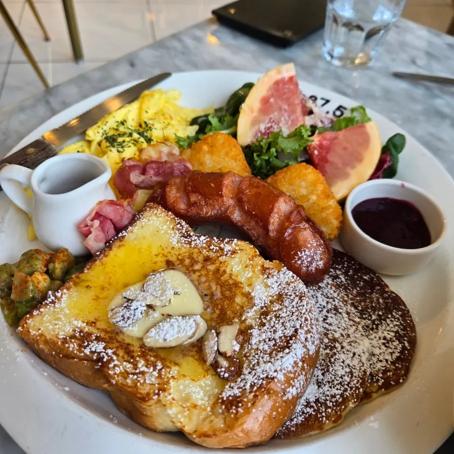Brunch plate with French toast and pancakes