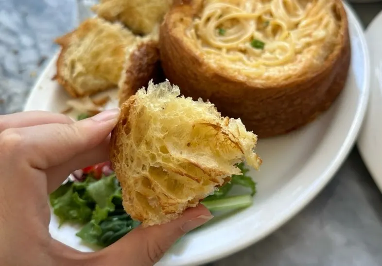 Cross-section of the crisply baked panne bread